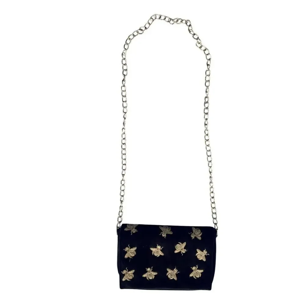 Velvet Black Gold Bee Embroidered Bag with Gold Chain Boohoo
